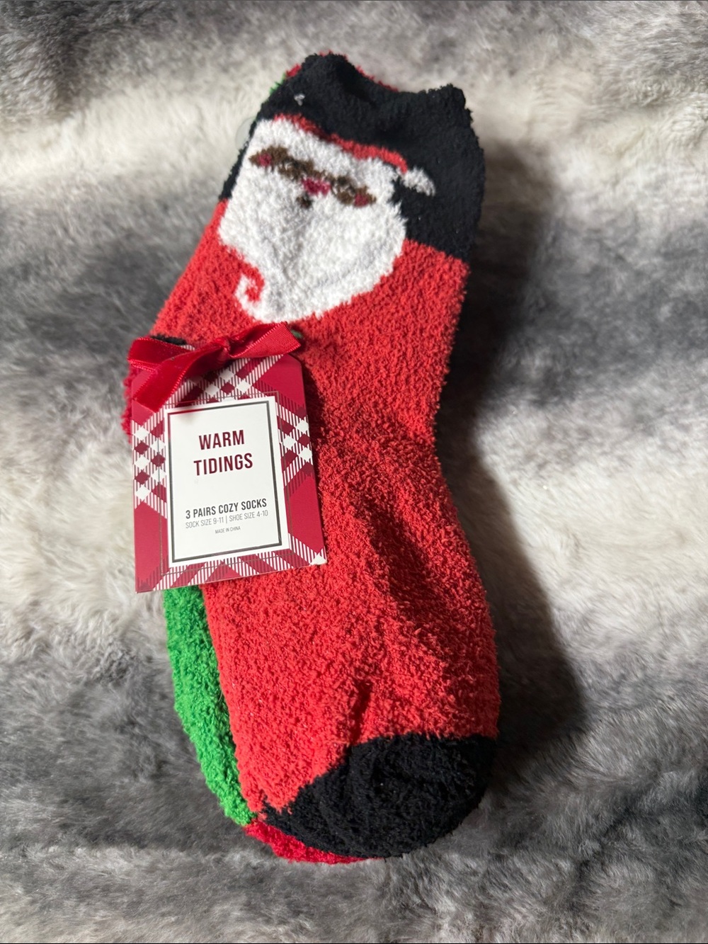 3 pairs of Cozy Red & Green Holiday Santa Fuzzy Socks - Warm Tidings